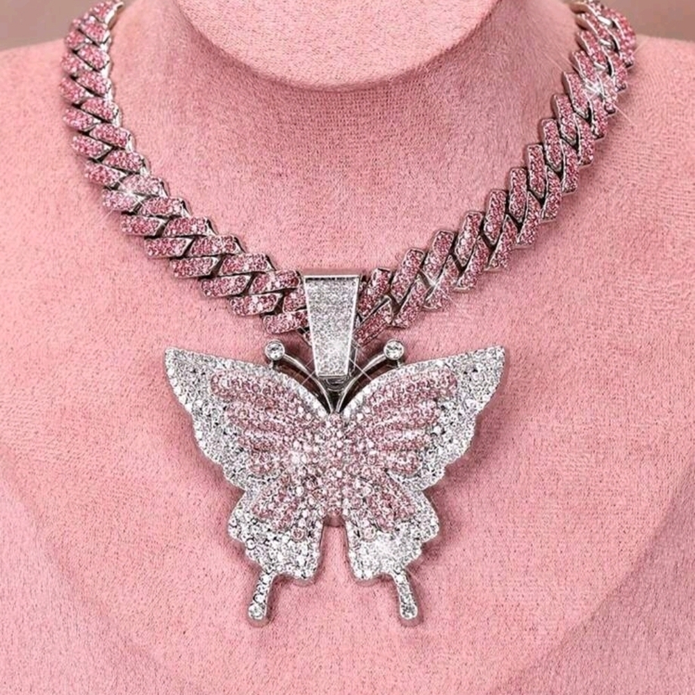 Elegant Pink and Silver Butterfly Necklace
